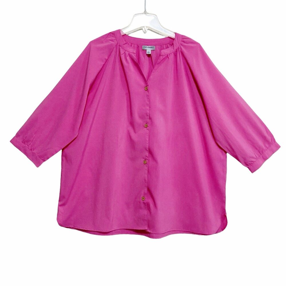 Catherines Button-Up Blouse Top Womens Size 0X 14/16W Pink 3/4 Sleeve Collarless